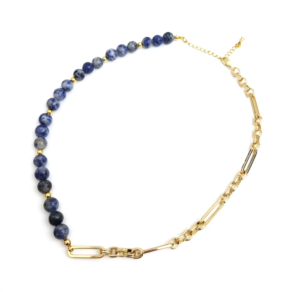 

hot sale natural stone blue jasper crystal beads necklace with gold beads custom handmade jewelry natural sodalite necklaces