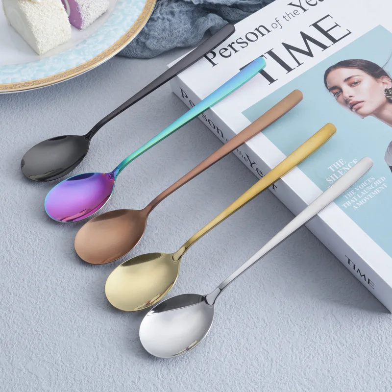 

304 stainless steel tableware long handle spoon fork two-piece household stainless steel creative long handle dessert spoon, Sliver, gold,rainbow, black, rose gold