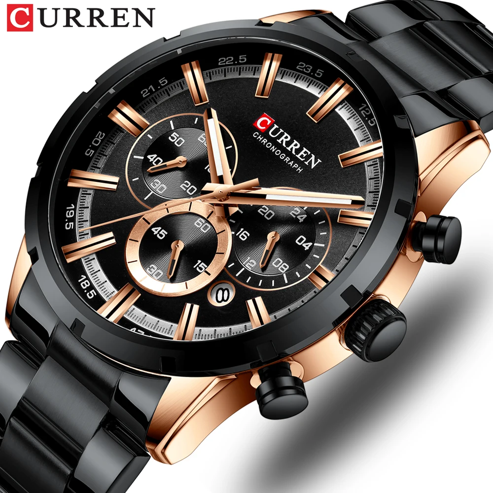 

CURREN 8337 Mens Stainless Steel Waterproof Watches Business Quartz Auto Date Chronograph Calendar Wristwatch, As pictures