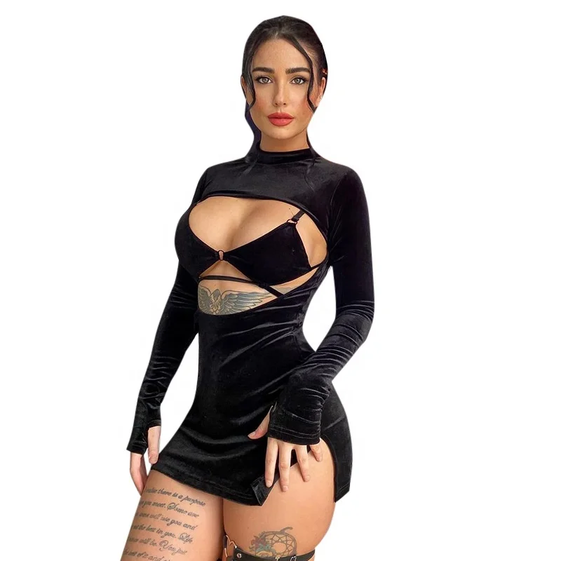 

2022 Spring Woman Long Sleeve Velour Sexy Bandage Dresses For Club Party 2 Piece Set Women Black Hoolow Out Velvet Dress, Picture