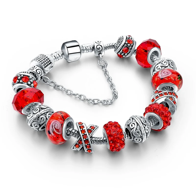 

Cheap Promotion flower engraved large hole Red beads bracelet Big hole Rhinestone Crystal Diamonds beads bracelets for Girls
