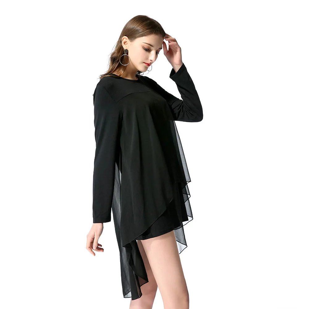 

WW-1269 Long Coat Long-sleeved Round Collar Stitching Sexy Dress Patchwork Trendy Sexy Tops For Women, Customized color