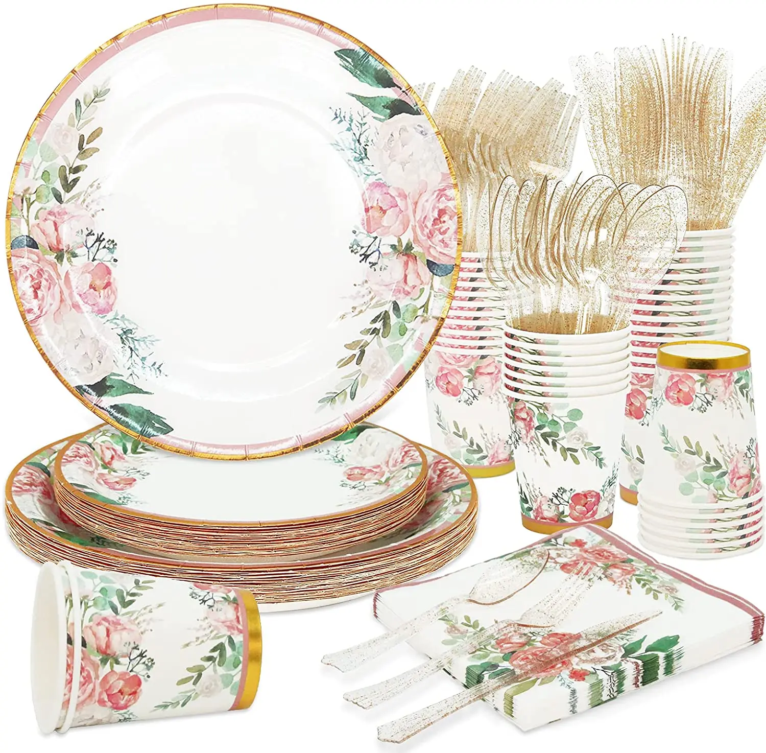 

Cheap Luxury Party Supplies Wedding Disposable Tableware Sets Bridal Shower Floral Paper Plates, White,pink