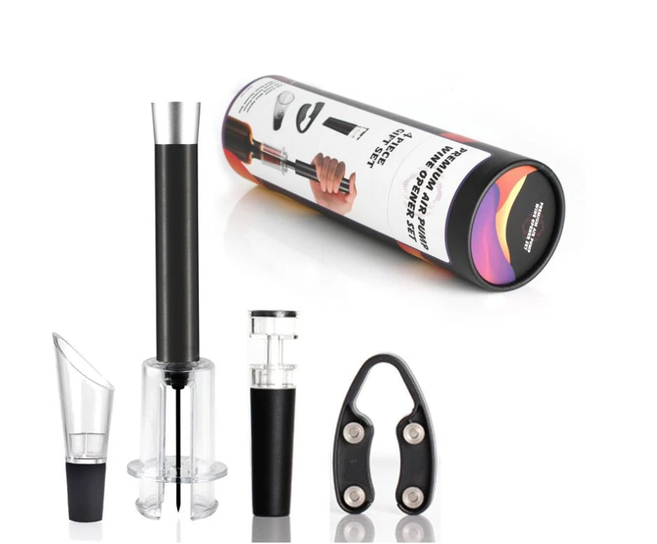 

Hot selling aluminum alloy wine air pressure pump opener set Cylindrical color box Air Pump Wine Opener, Black