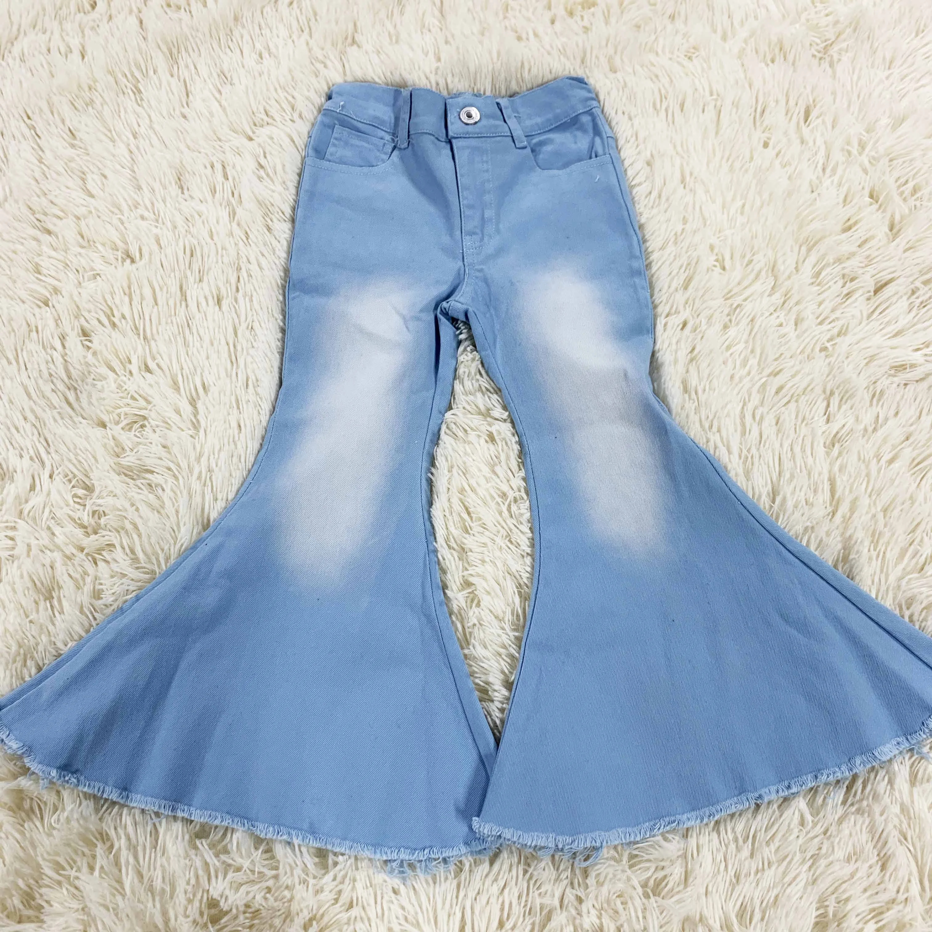 

Wholesale customize color baby girls casual fashion cool light blue denim bell bottom jean with detachable button waist