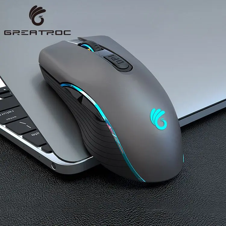 

Great Roc raton 3 in 1 wireless/wired/BT mouse low MOQ customize logo with RGB light DPI 1000/1600/2400 gaming mouse, Black