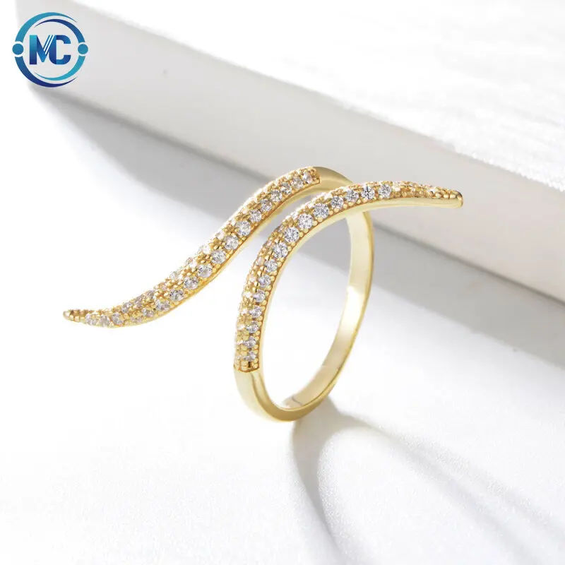 

European Fashion Cuff Snake Silver Ring 925 Sterling Silver CZ Adjustable Gold Plated Micro Inlay Zircon Ring Jewelry For Women, As picture