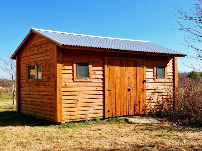 Reclaimed pallet wood shed with corrugated metal roof