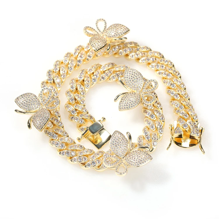 

Drop Shipping Hip Hop Micro Paved Zircon Butterfly Gold Cuban Chain Necklace Women