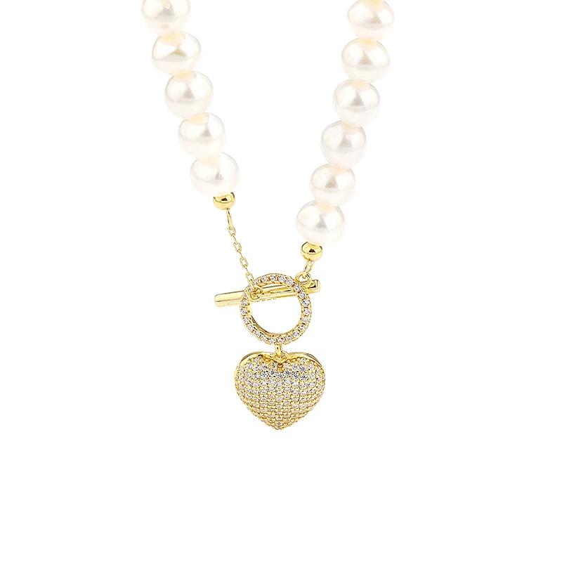 

Party Wedding Jewelry for Women Baroque Pearl Chain 18k Gold Plated Micro Zircon Heart Shape Pendant Necklace Gift, Gold color