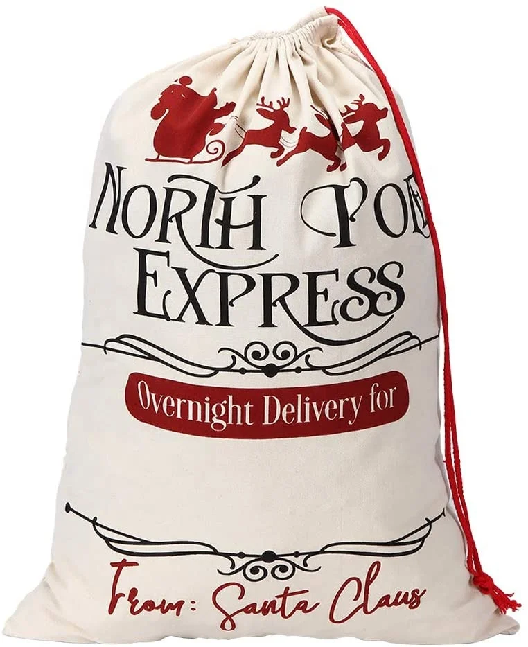 

Eco-friendly Cotton Hot Sales Personalized Canvas Santa Sacks for Kids Drawstring Pouches Christmas Bag Reindeer Santa Sacks, Customized color
