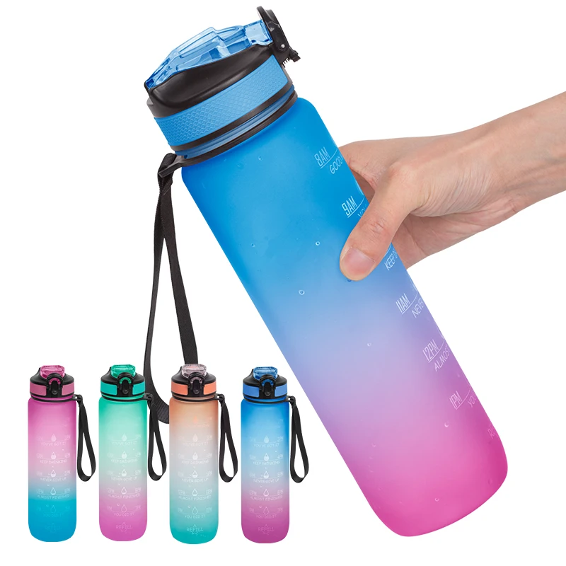 

Leakproof bpa free drinking water bottle with time marker and straw 1 litre sport drink bottles, Gradient