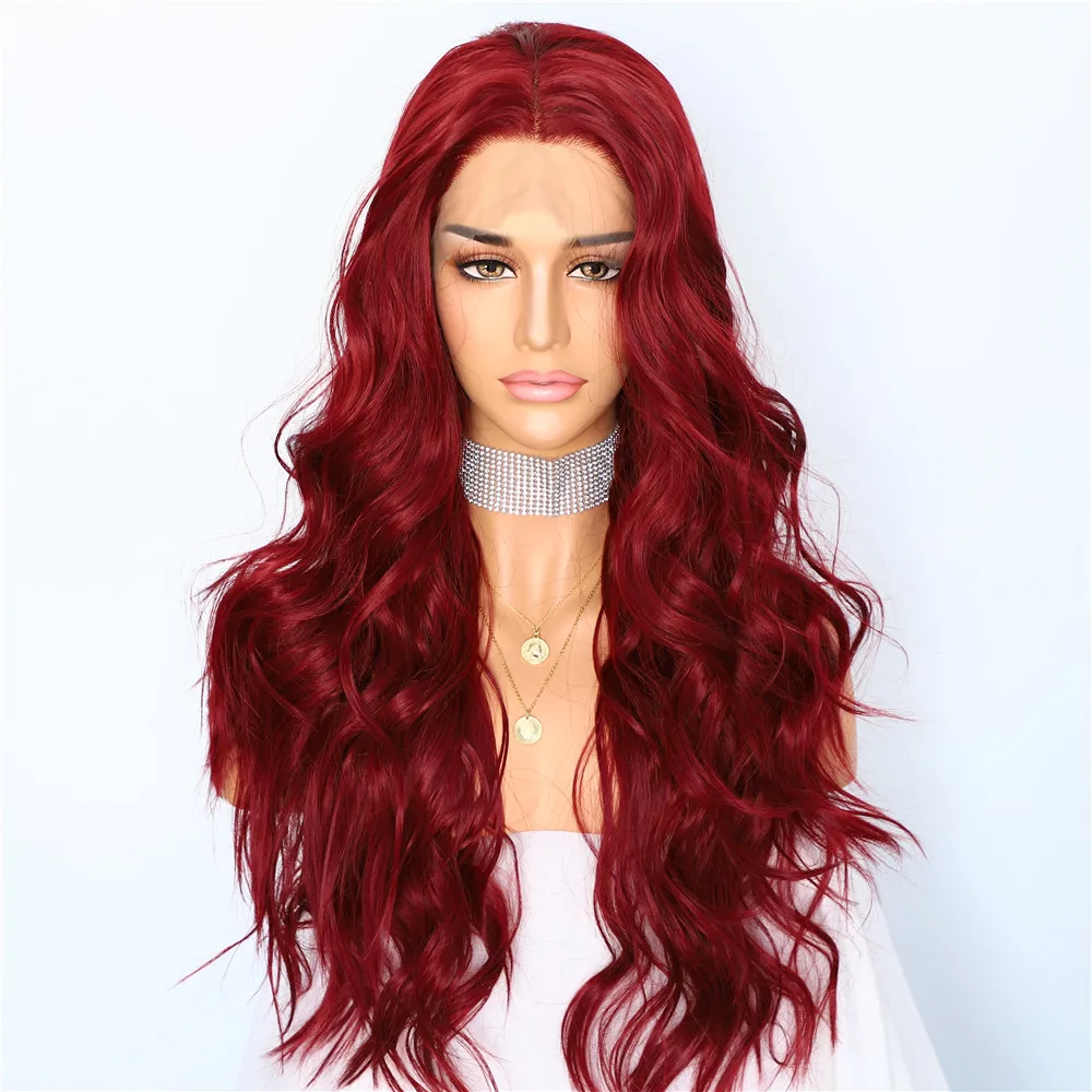 

Red Color Natural Wave Hand Tied Cosplay Women Valentine's Day present Wedding Party Daily Makeup Synthetic Lace Front Wigs