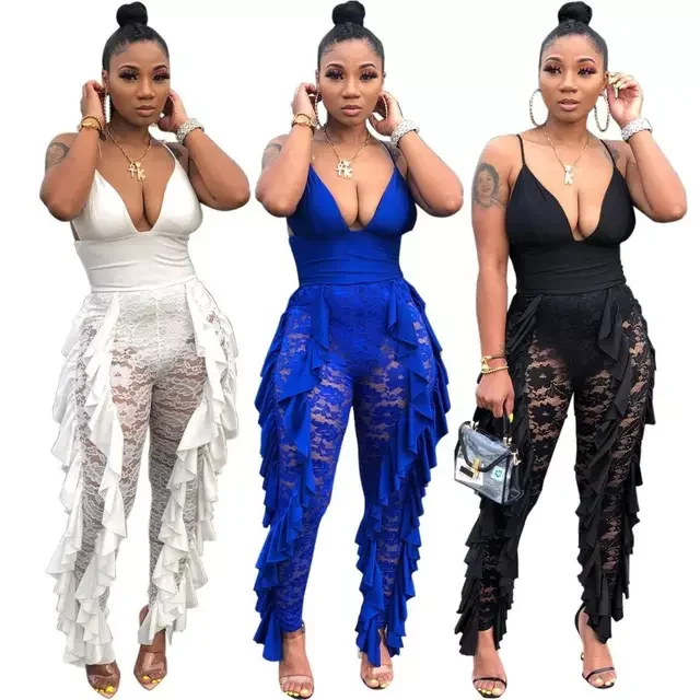 

Women Sexy One Piece Jumpsuits Stitching Rompers Backless Ruffles With Zipper Patchwork For Ladies Party Club, Black.blue.white.fluorescent green