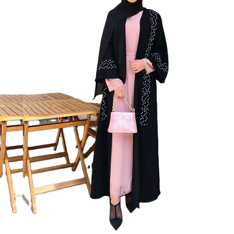 

Eco-Friendly Middle East Lace Up Robe Exquisite Beaded Muslim Women Dress Black Abaya