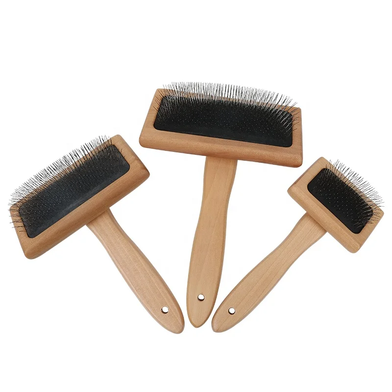

Factory Wholesale Custom Logo Wood Long Pin Cat Hair Cleaning Brush Dog Pet Grooming Slicker Brush