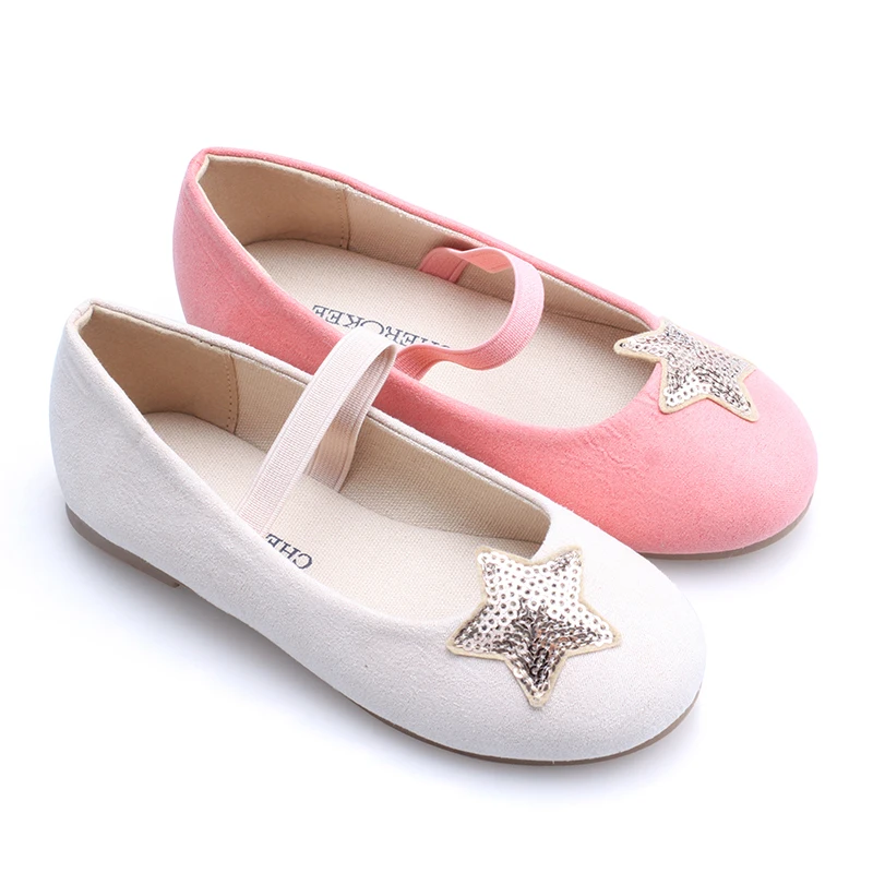 

Fashion cheap girls causal little star toe sequin embroidery microfiber upper beige canvas lining ballet flat shoes, Beige/coral