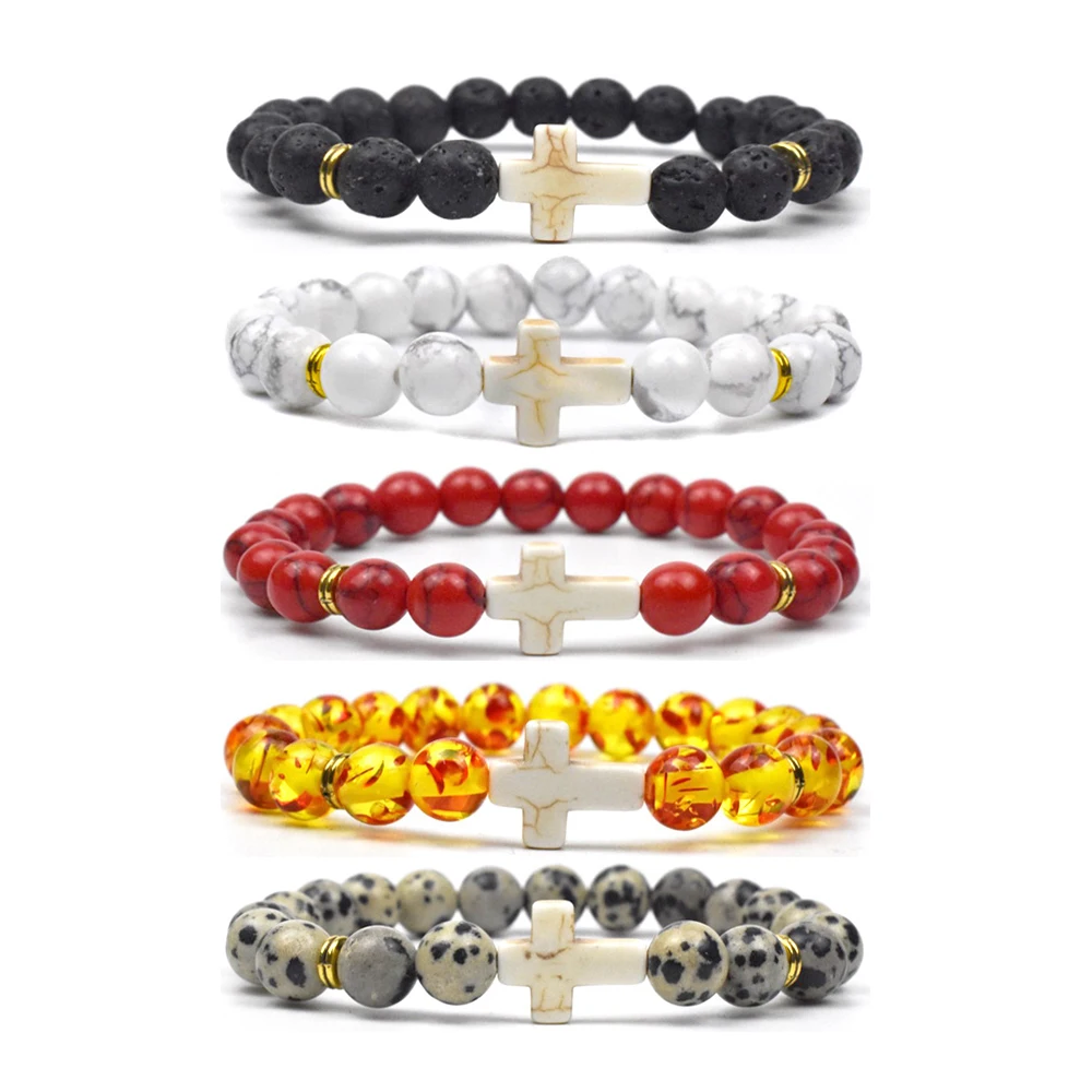 

2023 Wholesale Men Jewelry Natural Stone Jesus Cross Beads Stretch Bracelet for Women