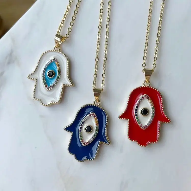 

jialin jewelry gold plated turkish color blue eye red enamal hamsa hand necklace