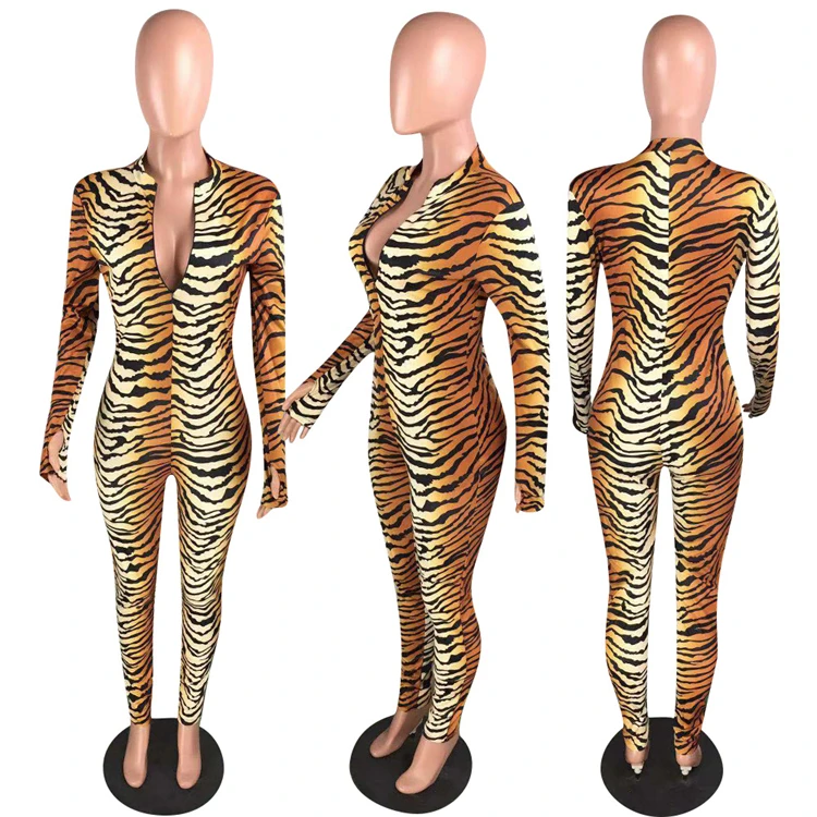 Wholesale Women Fashion 2019 Front Zipper Tiger Striped Women Jumpsuits ...
