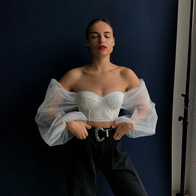 

Nibber T1736300 French Romantic Elegant Mesh Crop Top Women Club Party Off Shoulder T Shirt Lady Vacation Tees Wholesale Custom