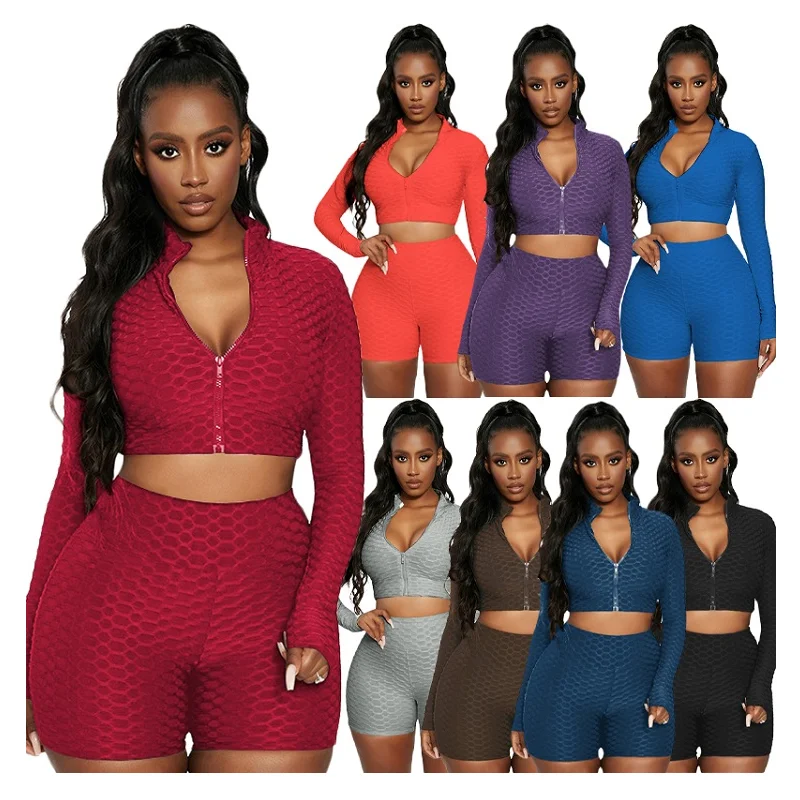 

2021 Summer Womens Shorts And Crop Set Bodycon Solid Color Yoga Crop Tops Set Casual Zipper Long Sleeve Yoga Set, Burgundy, dark blue, purple, orange, gray, black, coffee, blue