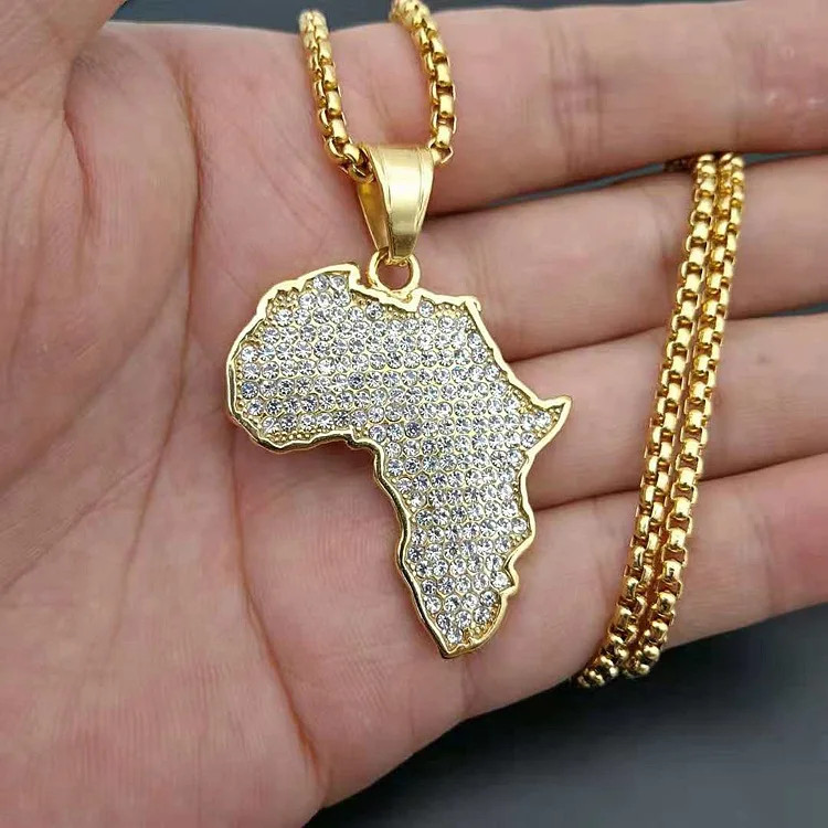 

Hot Selling Hips Hops Gold Color Stainless Steel African Map Pendant Necklace Bling Rhinestone Iced Out Map Of Africa Necklace