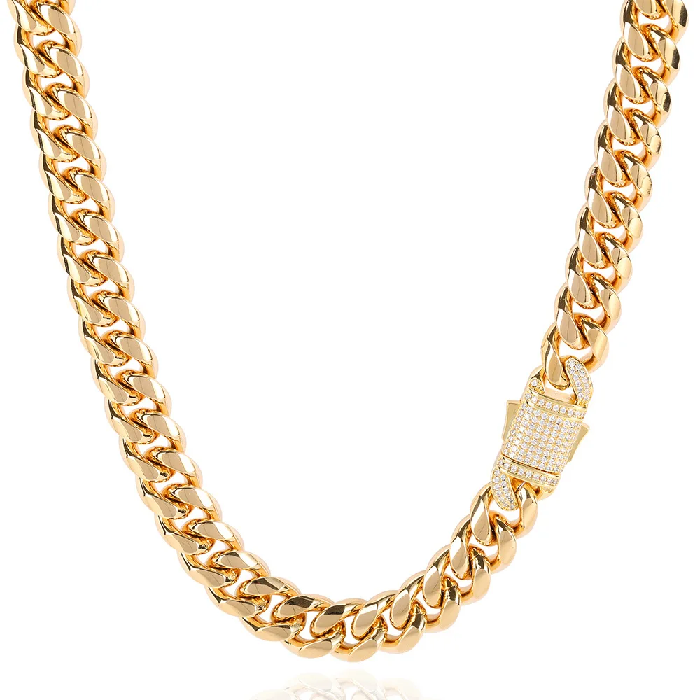 

New Design Fashion 12mm Hiphop Big Heavy Gold Plated Big Miami Cuban Link Chain Stainless Steel Necklace And Bracelet QK-2057