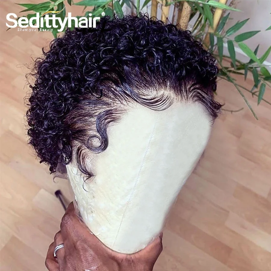 

Pixie Cut Wig Preplucked Bob Lace Part afro Wigs Short Curly lace frontal bouncy curly human hair wig, Natural color weave wig