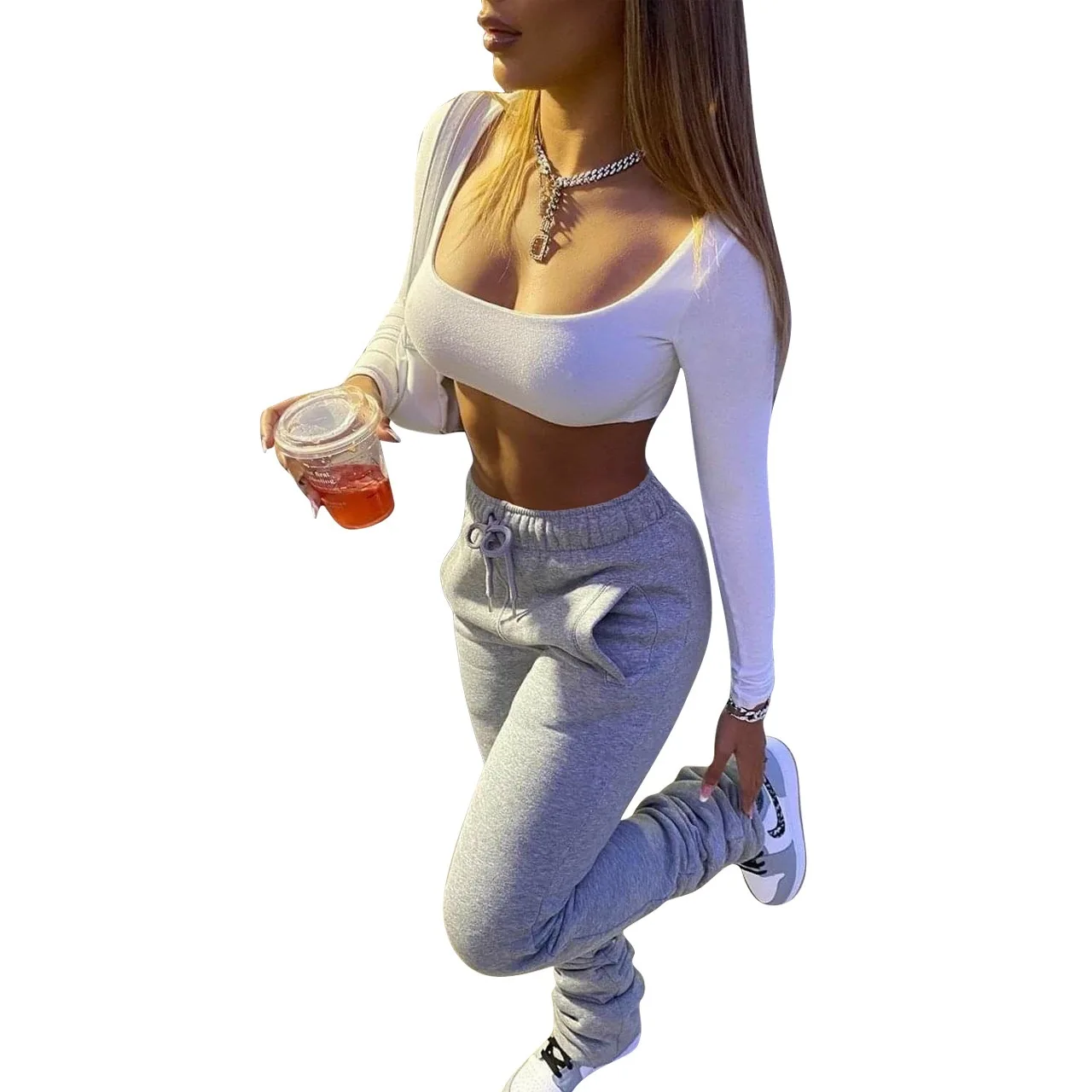 
New Arrival track solid stacked pants legging, stack pants with ruched 