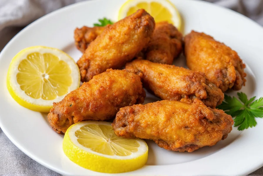 Crispy golden lemon pepper wet wings on a white plate with lemon slices and fresh parsley garnish