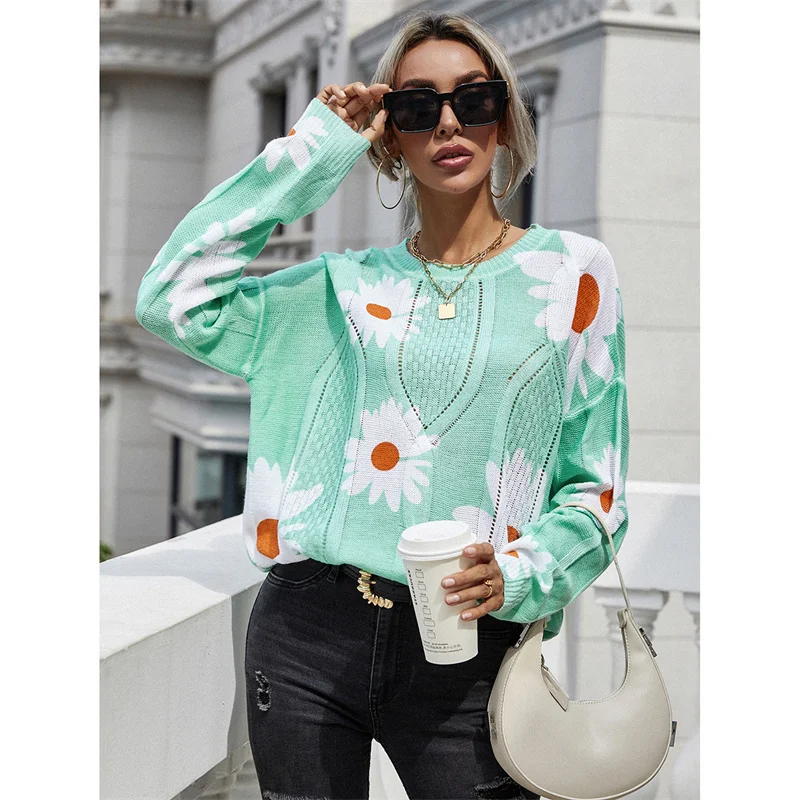 

Sugar 2021 Flowers Jacquard Knit Sweater Long Sleeve Vestido Sueter De Manga Larga Crewneck Loose Sweater for Ladies