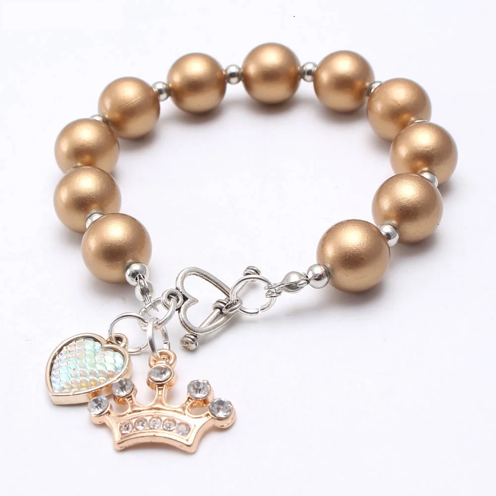 

Lovely Charms Princess Crown Heart Charm Pendant Bracelet Solid Color Pearl Bracelet For Children Kids, Multi color