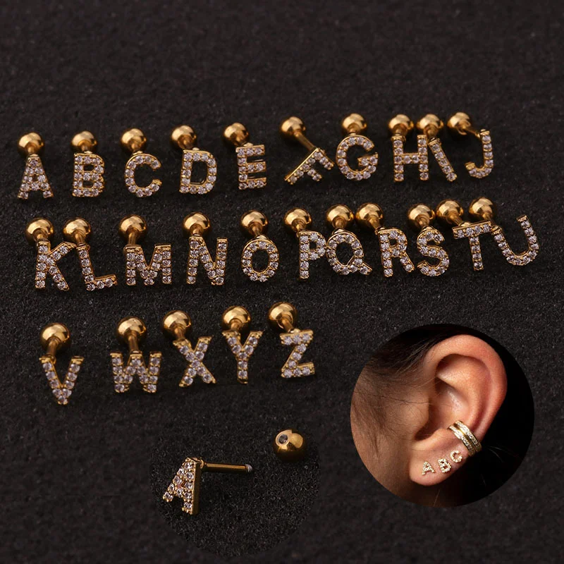 

Personalized Minimalist Gift Nameplate Piercing Jewelry 26 letters Zircon Stud Earring