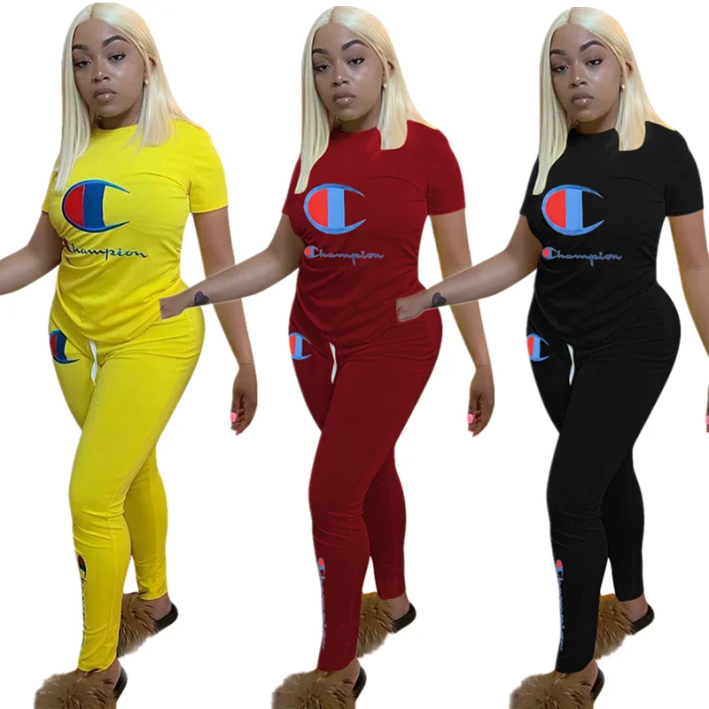 

Fashion solid color ladies two-piece summer short-sleeved trousers casual two-piece letter embroidered short-sleeved suit