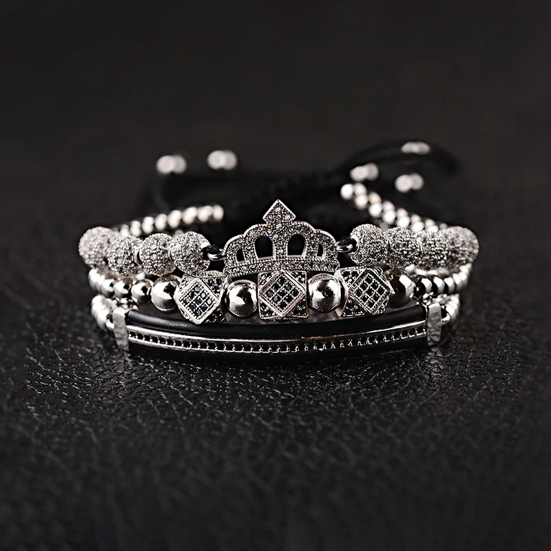 

XuQian 3pcs/set Micro-Zircon Brass Ball Braided Crown Crescent Geometry Bracelets for Men, Customized color