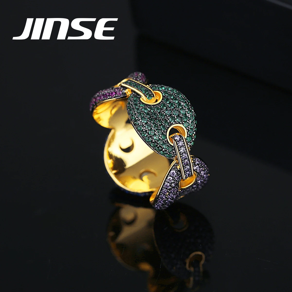 

JINSE Cool Kpop Men Hip-Pop Ring Connective BowKnot Rings Four Color Zircon Setting for Man Wholesale