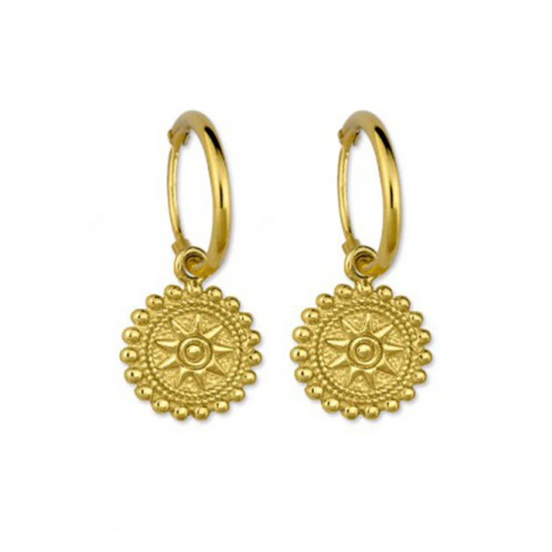 

hot selling Popular Turkish jewelry s925 sterling silver diamond sun totem retro round ear hoop pendant earrings
