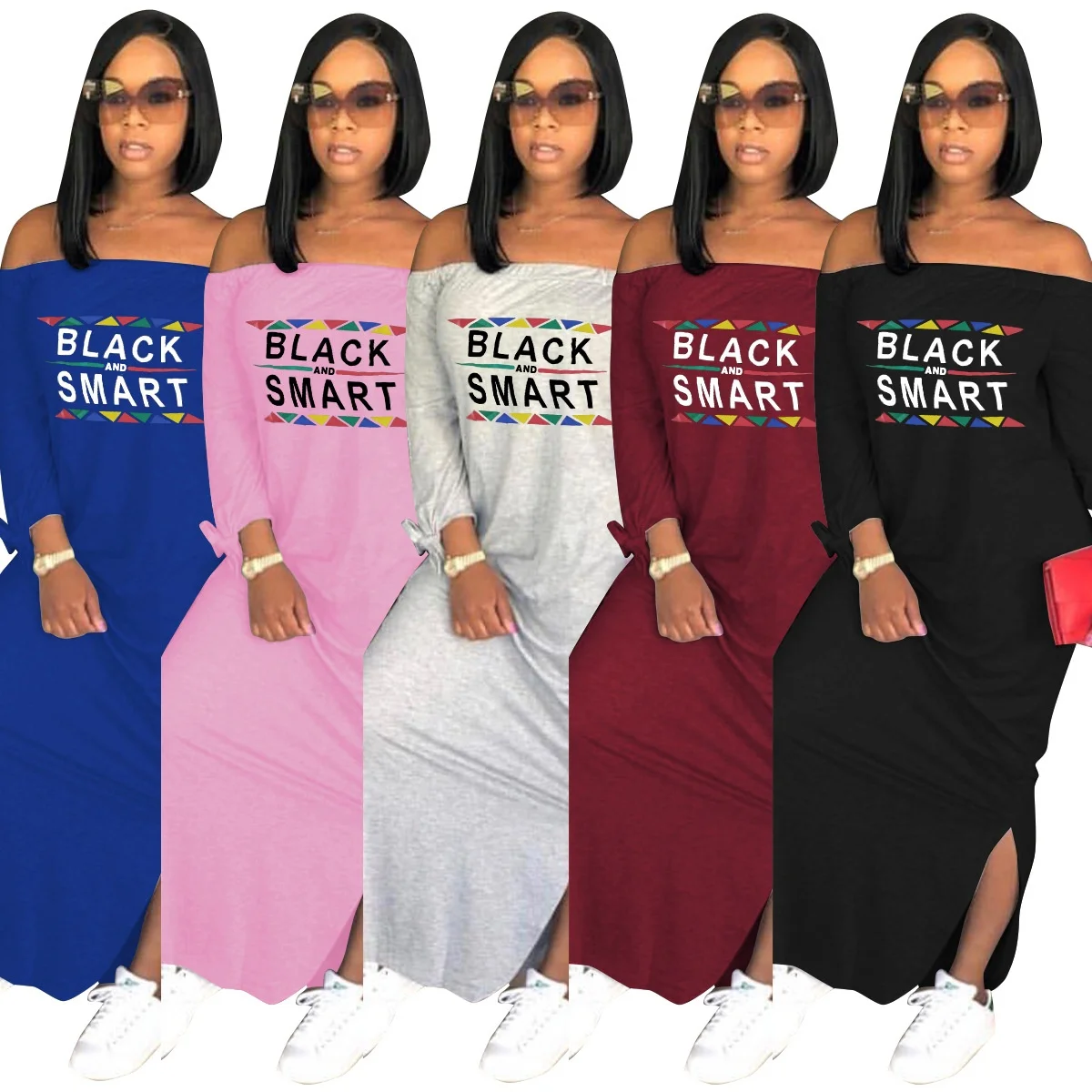 

PZF-ALS039 Hot Sale 10-color dress with split on both sides of one-line collar letter "Black smart" solid color dress