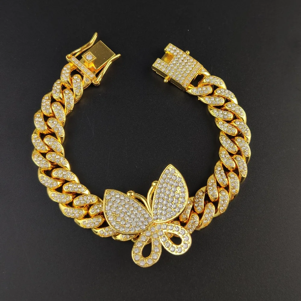 

2020 Top Ranking Bling Jewelry Hips Hops 18K Gold Plating Iced Out Crystal Cuban Chain Butterfly Bracelet