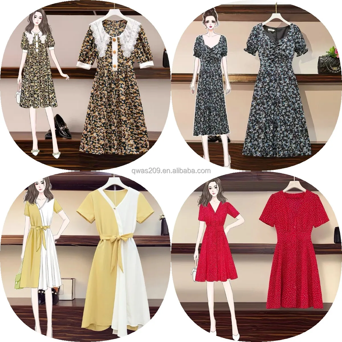 

Korean Office Dress Women Vintage Dresses Spring Summer Midi Floral Long Sleeve Dresses For Lady casual chiffon casual apparel