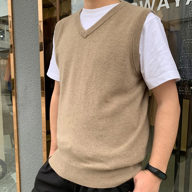 

Wholesales Soil Color Sleeveless V-Neck Pure Cashmere Pullover Sweater Vest Top For Mens, Khaki black