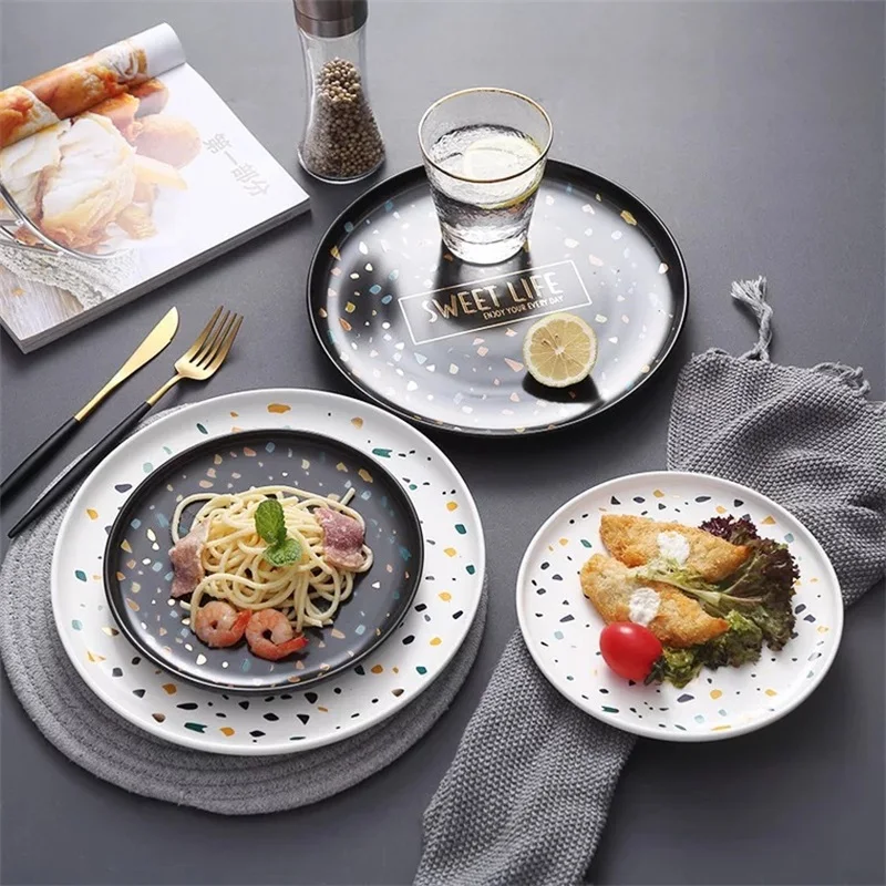 

Creative Matte Black and White Ceramic Dinner Plates Food Plate Salad Dish Dessert Snack Cake Plate Dinnerware Set Dropshipping, White/black