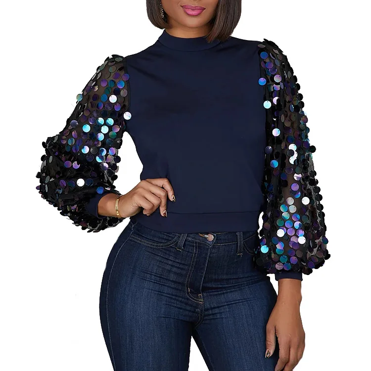 

Women's Plus Size Glitter Sequin Beaded Long Sleeve Elegant Blouse Tops, As picture or custom