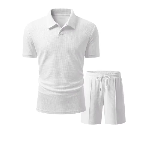 Custom Men Solid Waffle Textured Golf Tracksuit Casual Summer Beach Vacation Athletic Lapel Collar Polo Shirt Shorts 2 Piece Set