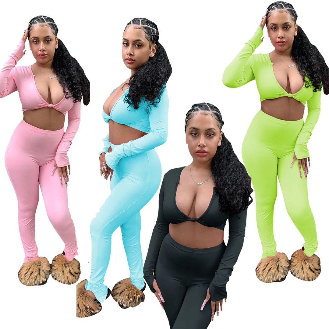 

Elastic Women Clothing Solid Clacive Crop Top Long Sleeve Stacked Sweat Pants Jogging Suit Two Piece Pants Set Women, Blue/pink/black/grey