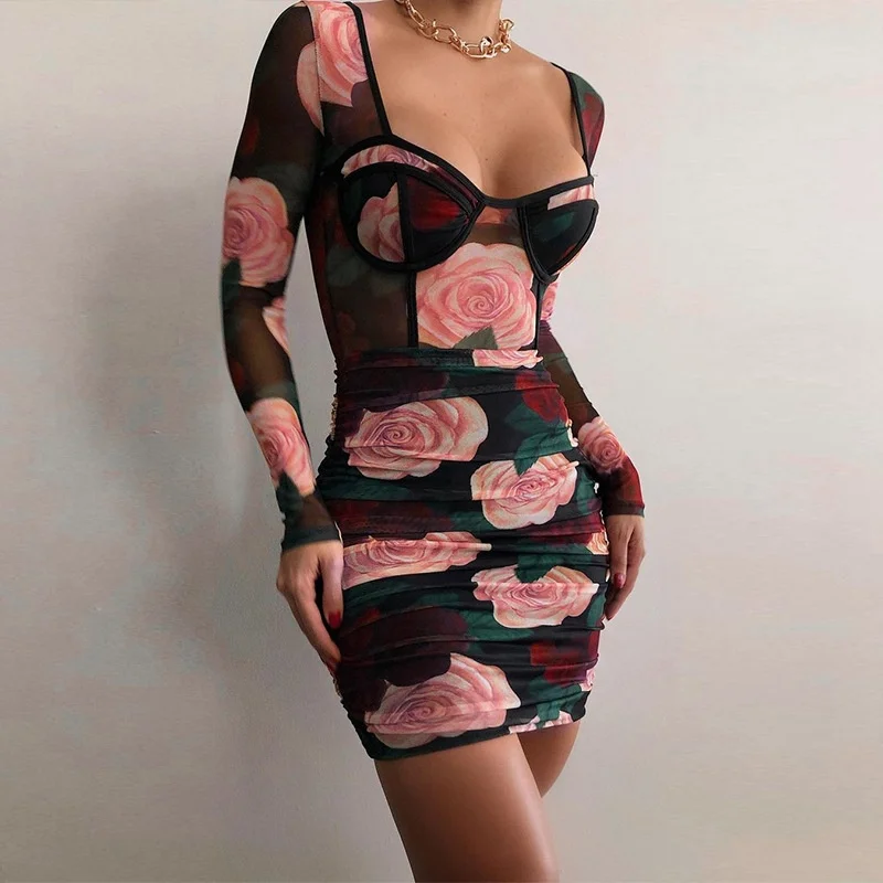 

Fashion Party Wear Dress Women Sexy Rose Printed Mesh Bodycon Dresses, Black