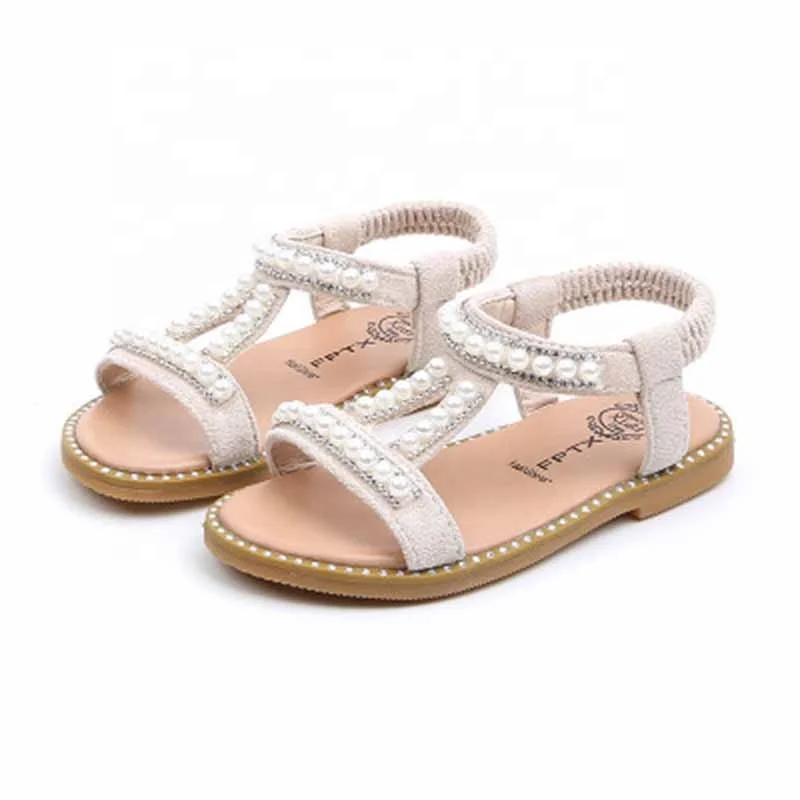 

Mosengkw Summer Pearl Decoration Open Toe Flat Children Shoes High Quality Sandals For Little Girls, Pink, black, beige