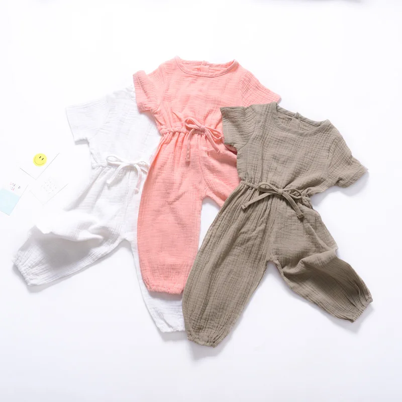

Summer Simple Pure Color Linen Material Children's Jumpsuit Set for Girls