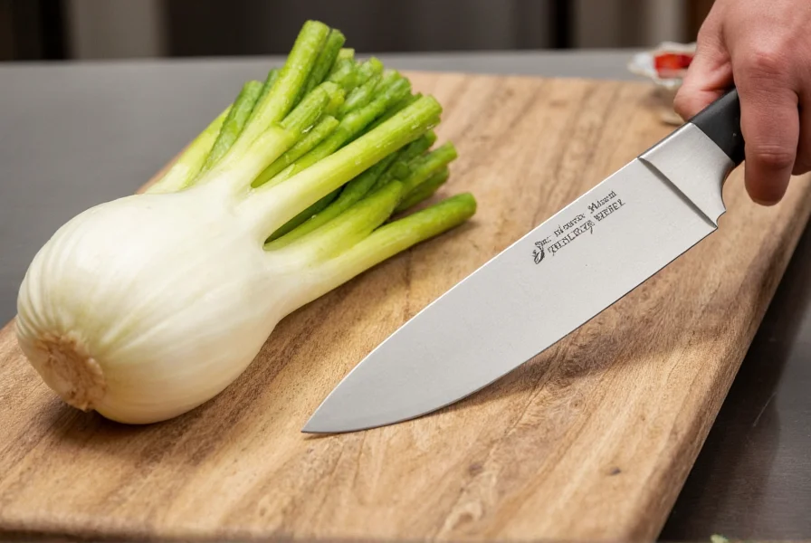 Chef's knife, cutting board, and fresh fennel bulb on kitchen counter for proper fennel preparation